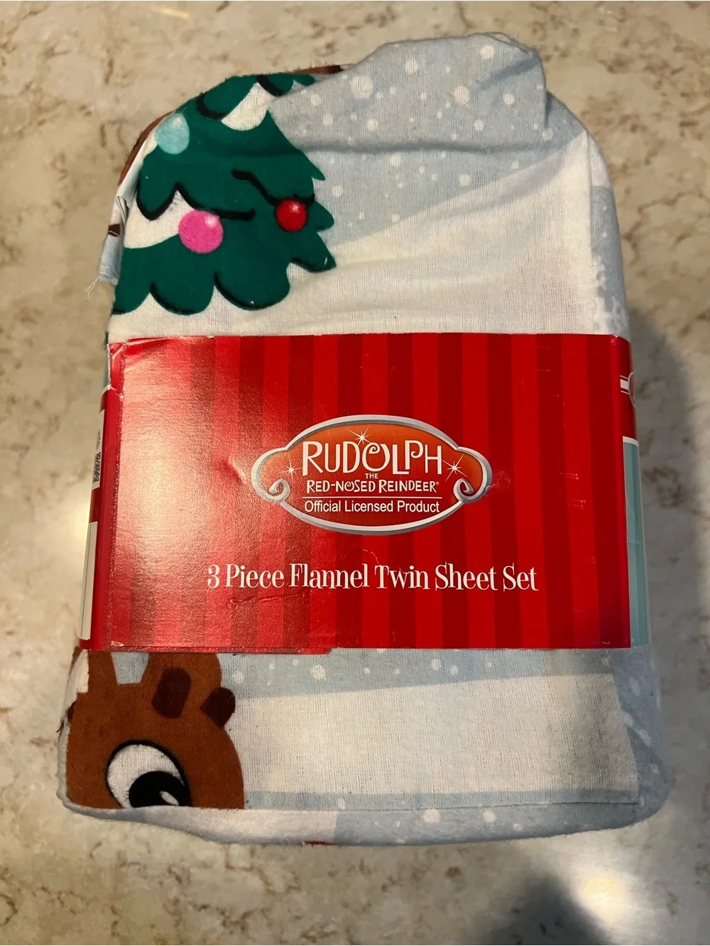 Rudolph 3-Piece Flannel Twin Sheet Set - Light Blue Snowflake & Holiday Tree